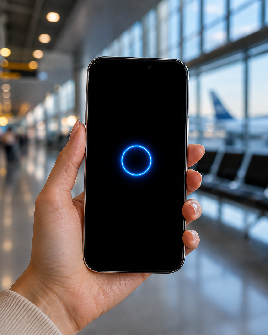A hand holding an iPhone in an airport terminal. The H.E.R Ring glows quietly on the dark screen.